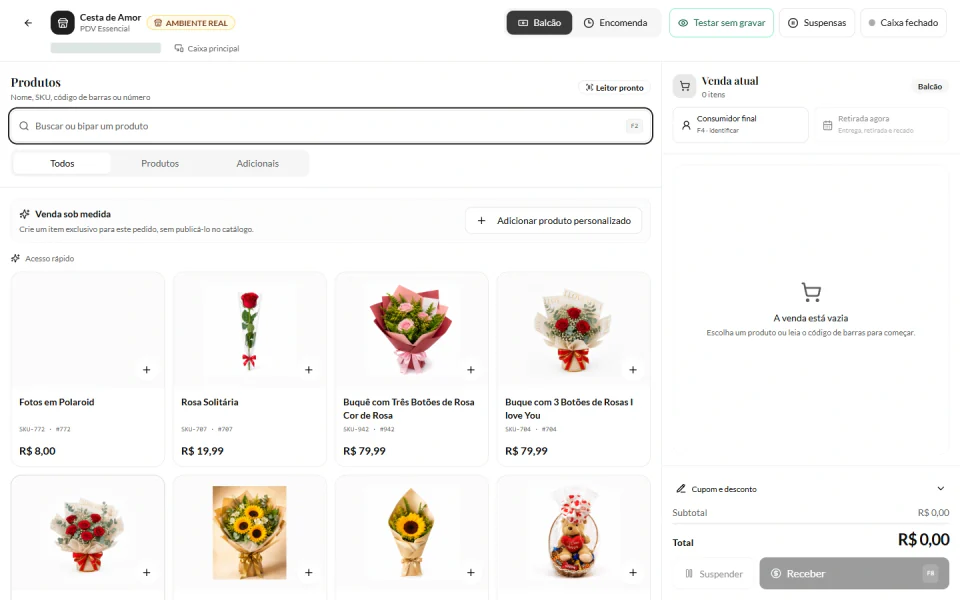 Modo Balcão da HubFlower com catálogo, venda atual e opção de encomenda