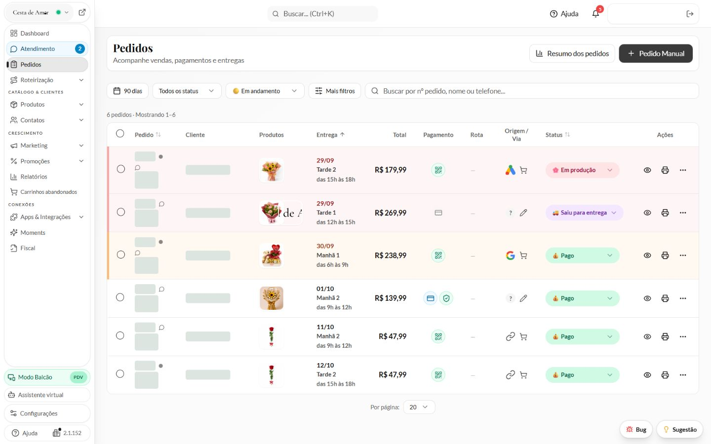 Organização dos pedidos na plataforma HubFlower