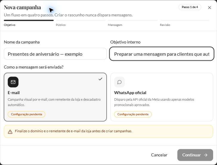 Campanha fictícia com e-mail e configuração pendente