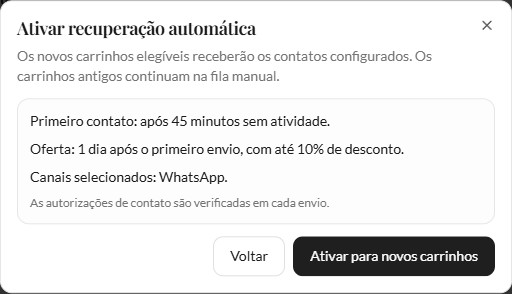 Diálogo Ativar recuperação automática com condições de contato