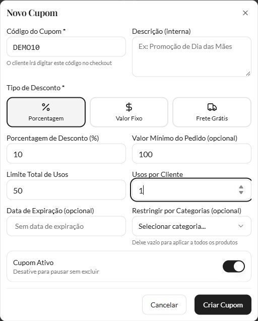 Cupom fictício com desconto e limites preenchidos