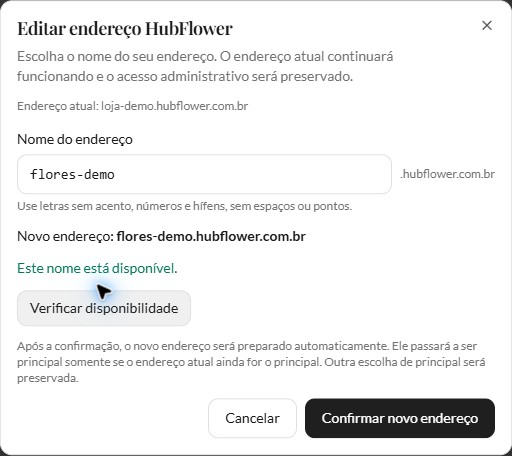 Consulta fictícia disponível e botão Confirmar novo endereço
