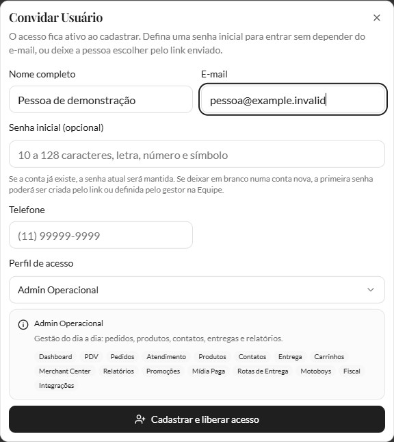 Formulário Convidar com perfil Admin Operacional