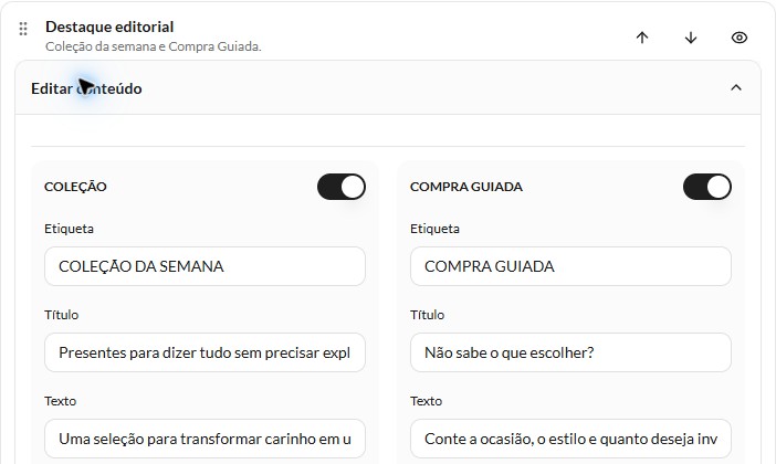 Destaque editorial com campos e controles de visibilidade