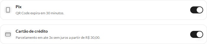 Pix e cartão ligados no formulário