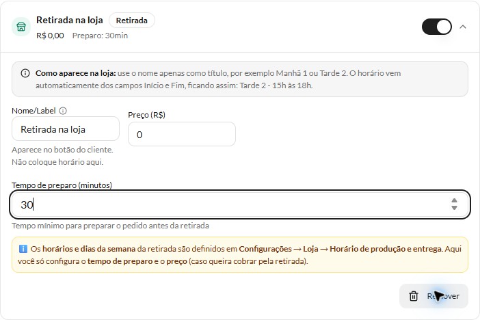Retirada com tempo de preparo de trinta minutos