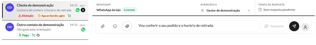 Componentes reais do Atendimento com contatos fictícios, indicação de atenção, Gestor de demonstração atribuído e mensagem ainda no compositor.