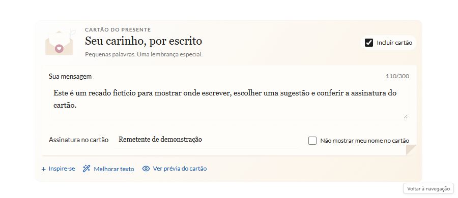 Compositor real do cartão do presente com Incluir cartão marcado, mensagem fictícia de 110 em 300 caracteres, assinatura Remetente de demonstração e opção Não mostrar meu nome no cartão desmarcada.