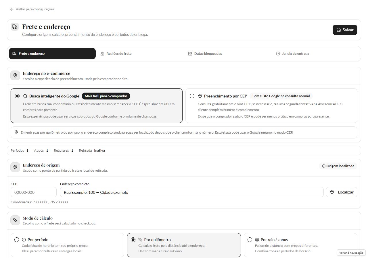 Frete e endereço com escolha entre busca inteligente do Google e preenchimento por CEP e campos de endereço de origem.