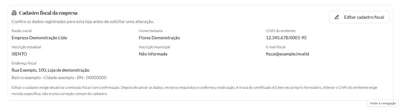 Cartão Cadastro fiscal da empresa com razão social Empresa Demonstração Ltda, nome fantasia, CNPJ demonstrativo, inscrições, e-mail fiscal e endereço fictícios, além de Editar cadastro fiscal.