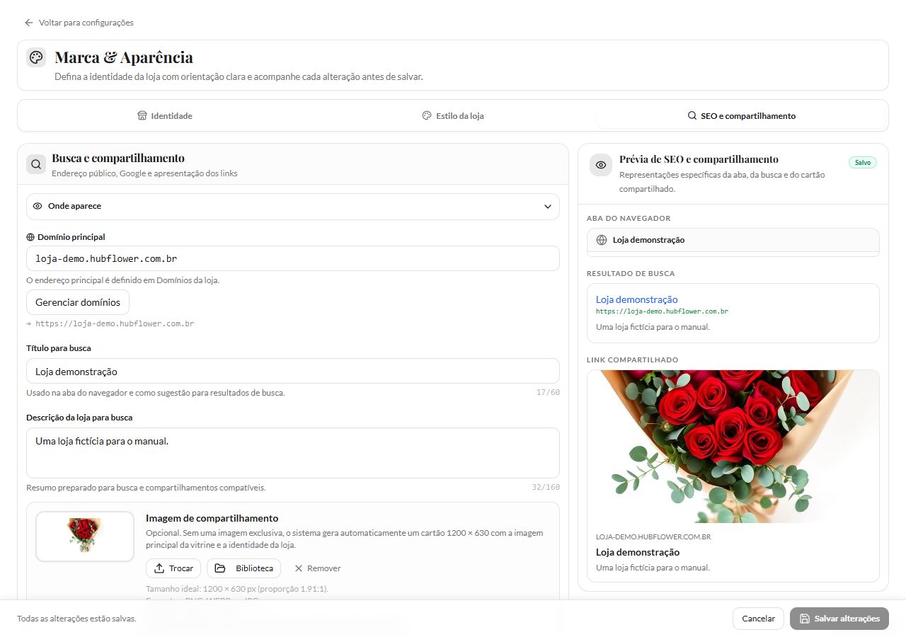 SEO e compartilhamento com título Loja demonstração, descrição fictícia, fotografia pública de um buquê e prévias da aba, resultado de busca e link compartilhado; domínio principal somente para consulta.