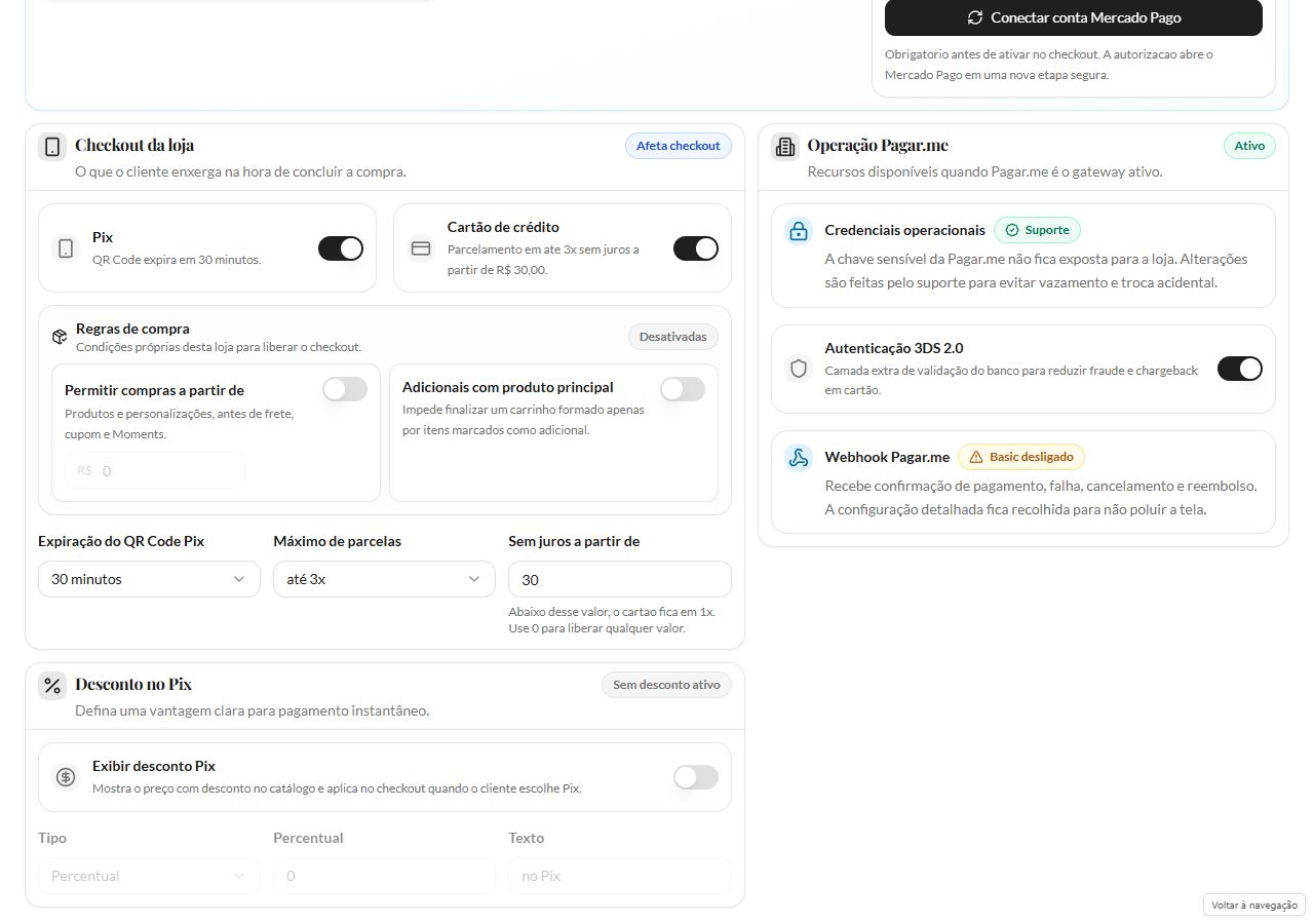 Checkout da loja com validade Pix de 30 minutos, máximo de três parcelas, parcelamento a partir de 30 reais, regras de compra desligadas e desconto Pix desativado.