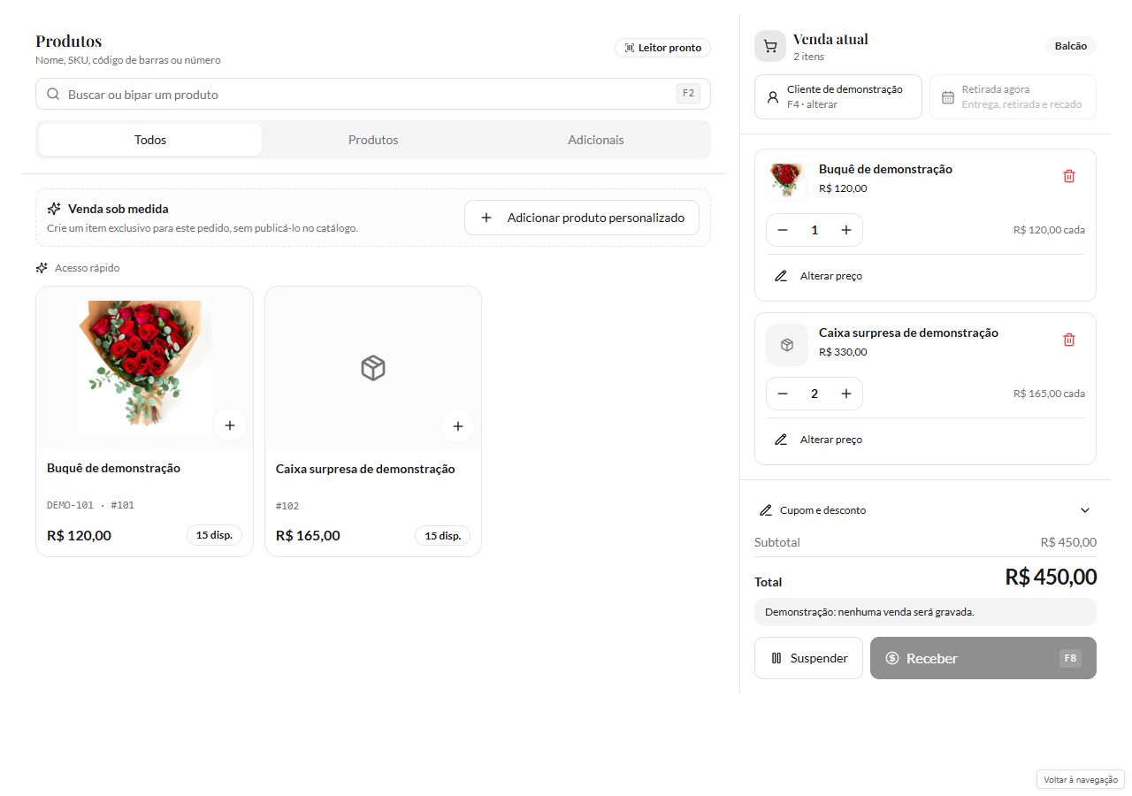 Componentes reais do catálogo e Venda atual do PDV com um buquê de 120 reais e duas caixas de 165 reais, totalizando 450 reais, em demonstração sem gravação.