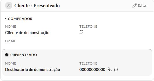 Cliente e Presenteado do pedido com Cliente de demonstração como comprador e Destinatário de demonstração como presenteado.