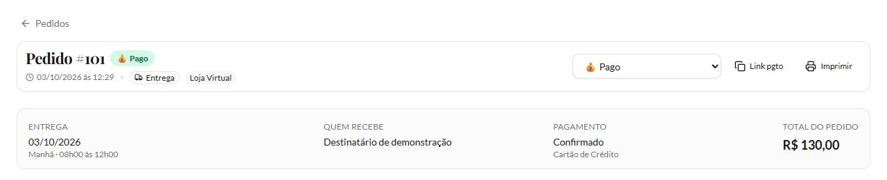 Cabeçalho do pedido demonstrativo 101 com situação Pago, entrega pela manhã, destinatário, cartão de crédito confirmado e total de 130 reais.