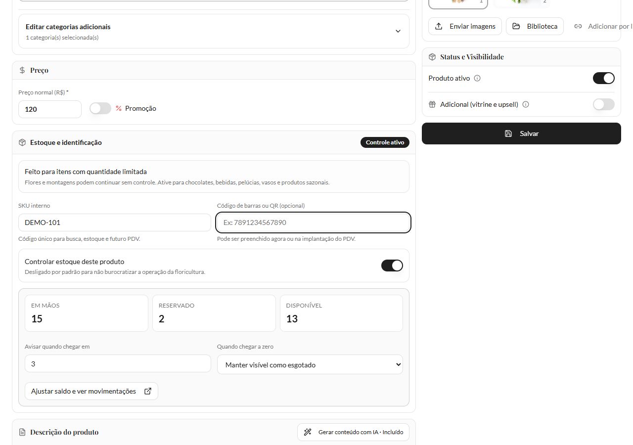 Ficha do produto demonstrativo com controle de estoque ativo, SKU DEMO101, quinze unidades em mãos, duas reservadas e treze disponíveis.