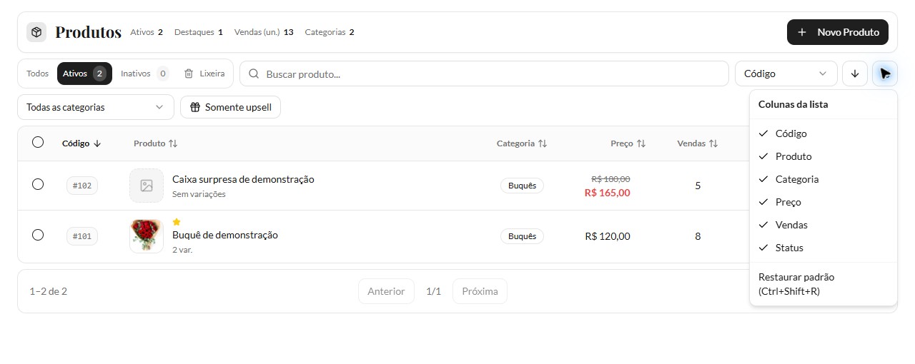 Lista de produtos fictícios com Colunas da lista aberto e Código, Produto, Categoria, Preço, Vendas e Status marcados, além de Restaurar padrão com Ctrl+Shift+R.