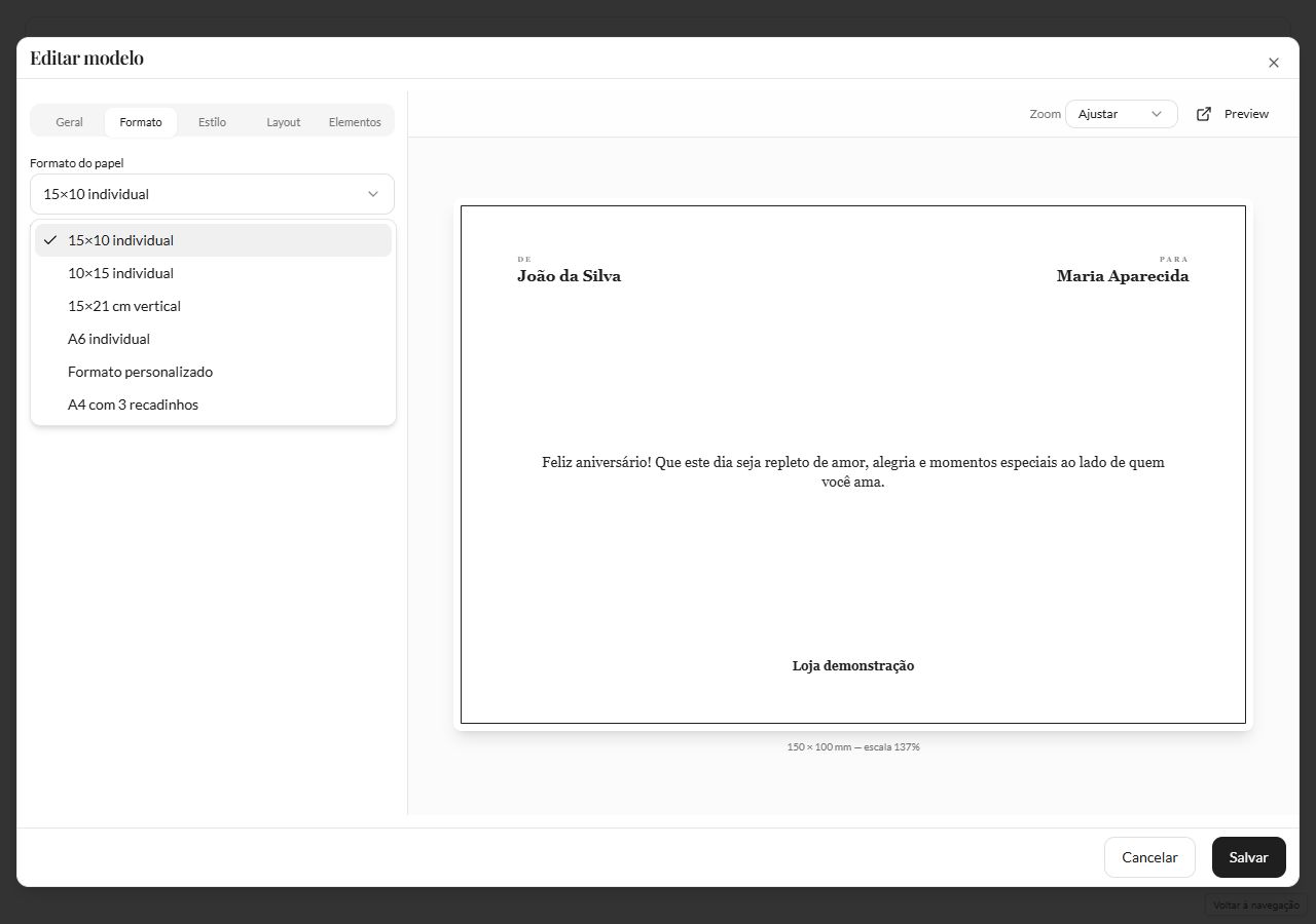 Editar modelo na aba Formato com 15×10 individual selecionado, lista de outros tamanhos e prévia com nomes e mensagem de exemplo.