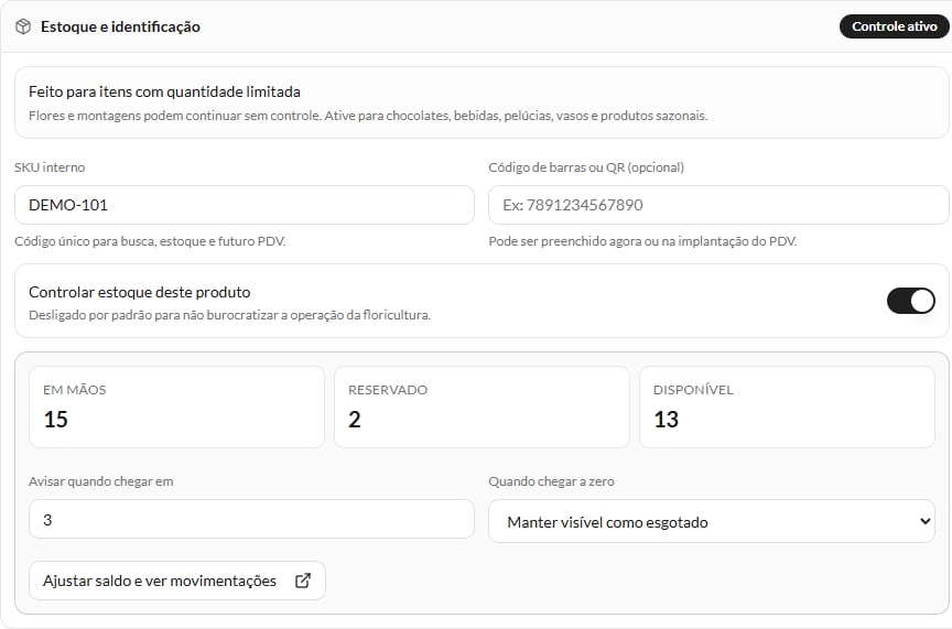 Estoque fictício com15 em mãos,2 reservadas e13 disponíveis