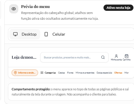 Prévia desktop do editor com menu ativo