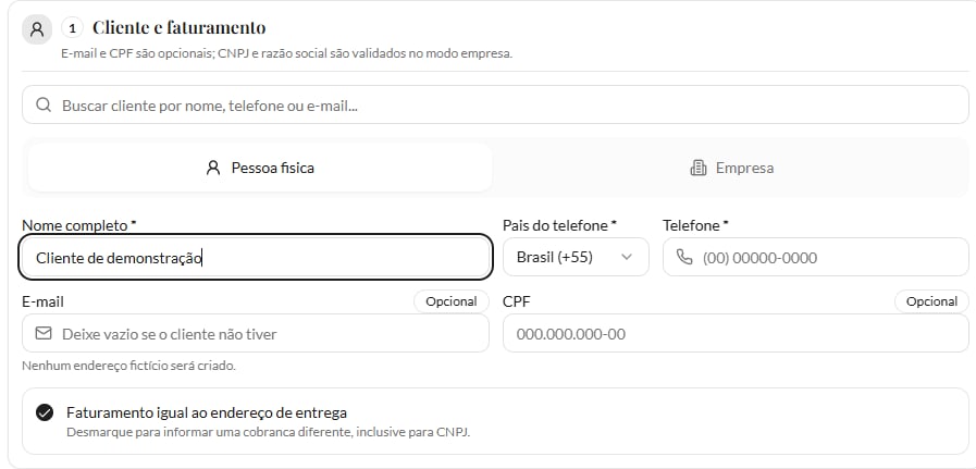 Etapa Cliente e faturamento com campos de identificação