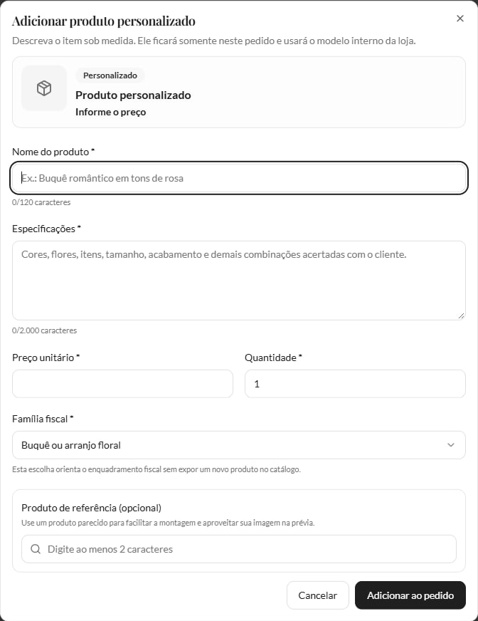 Diálogo com nome, especificações, preço, quantidade e família fiscal