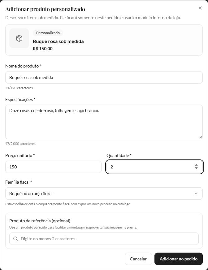 Buquê fictício com preço150 e quantidade2