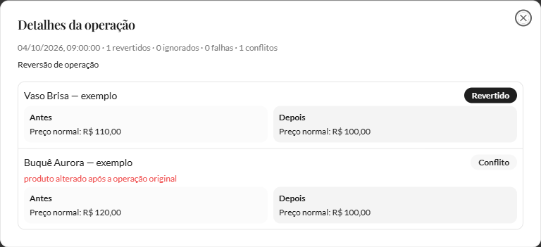 Detalhes de reversão com um produto revertido e outro em Conflito por mudança posterior.