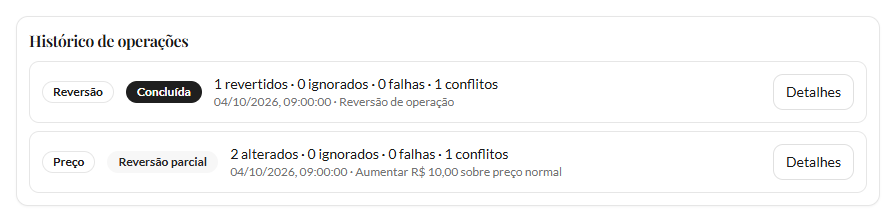 Histórico fictício com uma reversão concluída: um item revertido e um conflito; a operação original está em Reversão parcial.