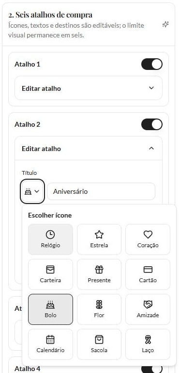 Editar atalho Aniversário com doze opções e Bolo destacado