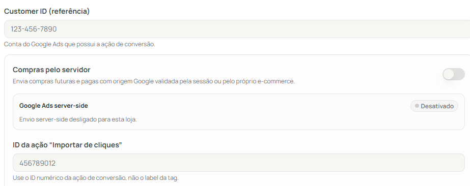 Customer ID, Compras pelo servidor desligado e ID numérico da ação.
