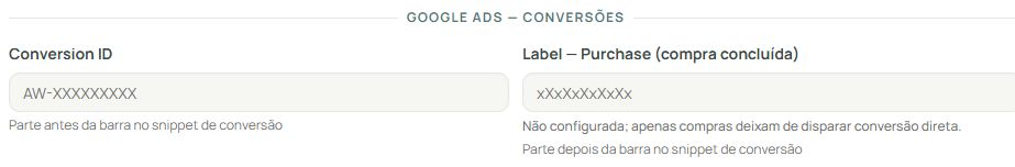 Conversion ID com exemplo AW- e Label Purchase separados.