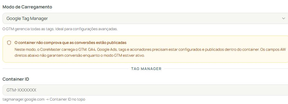 Modo Google Tag Manager e campo Container ID com exemplo GTM-.