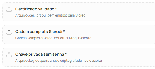 Três campos vazios: Certificado validado, Cadeia completa Sicredi e Chave privada sem senha.